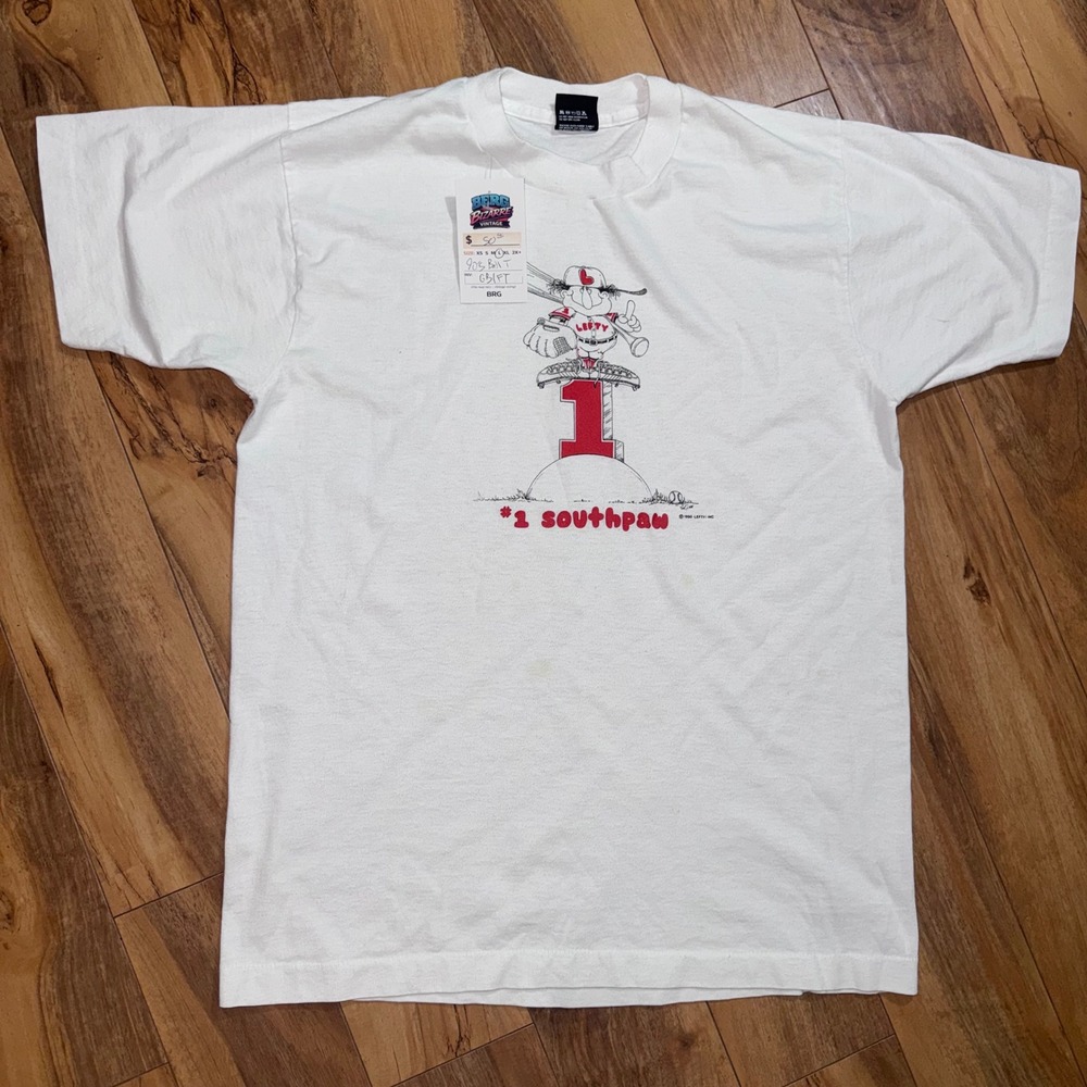 Screen Stars Best Graphic T-Shirt Mens L White Excellent 1990 Southpaw Baseball